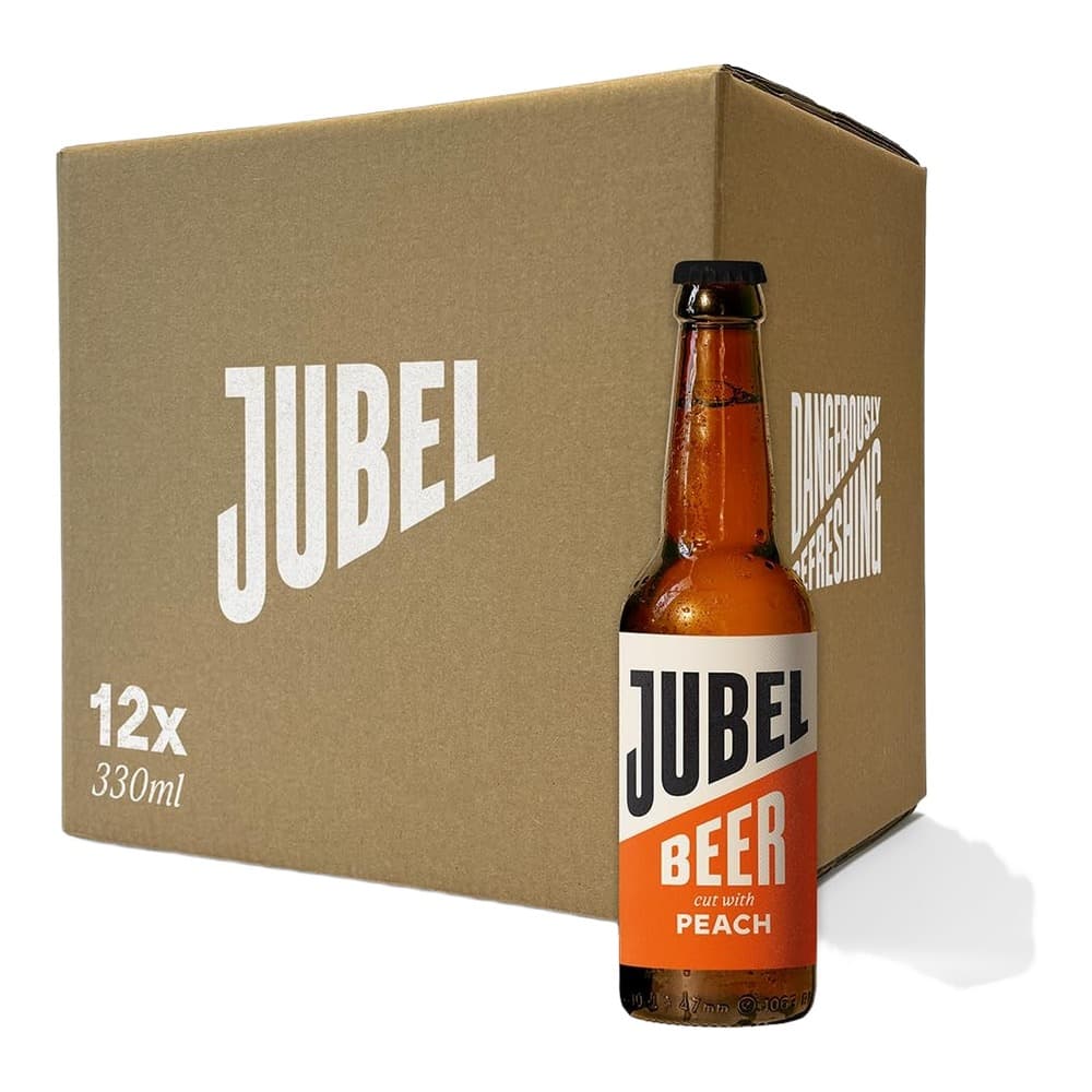 A cardboard box of Jubel Beer peach flavour featuring 12x330ml bottles, displayed with one bottle in front showing the orange label with white text.