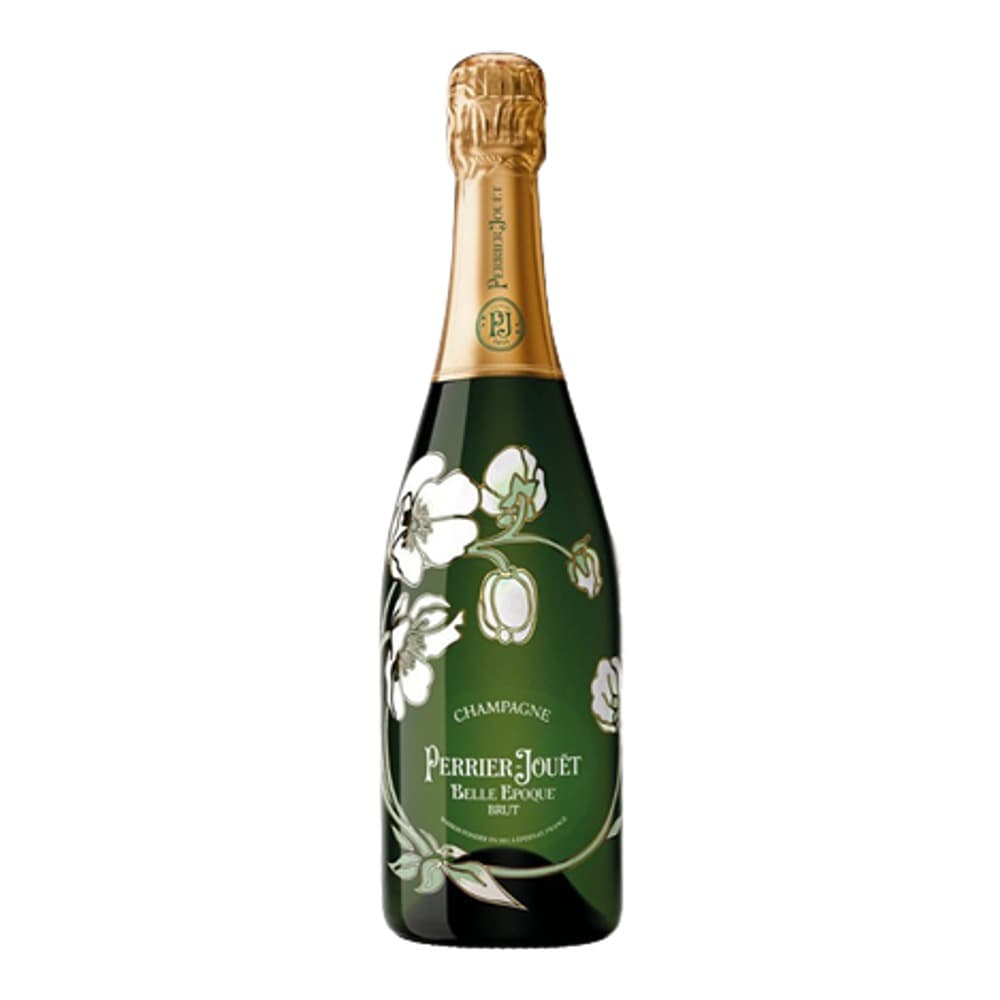 A bottle of Perrier-Jouët Belle Époque champagne with a dark green label featuring white floral artwork, displayed against a plain white background.