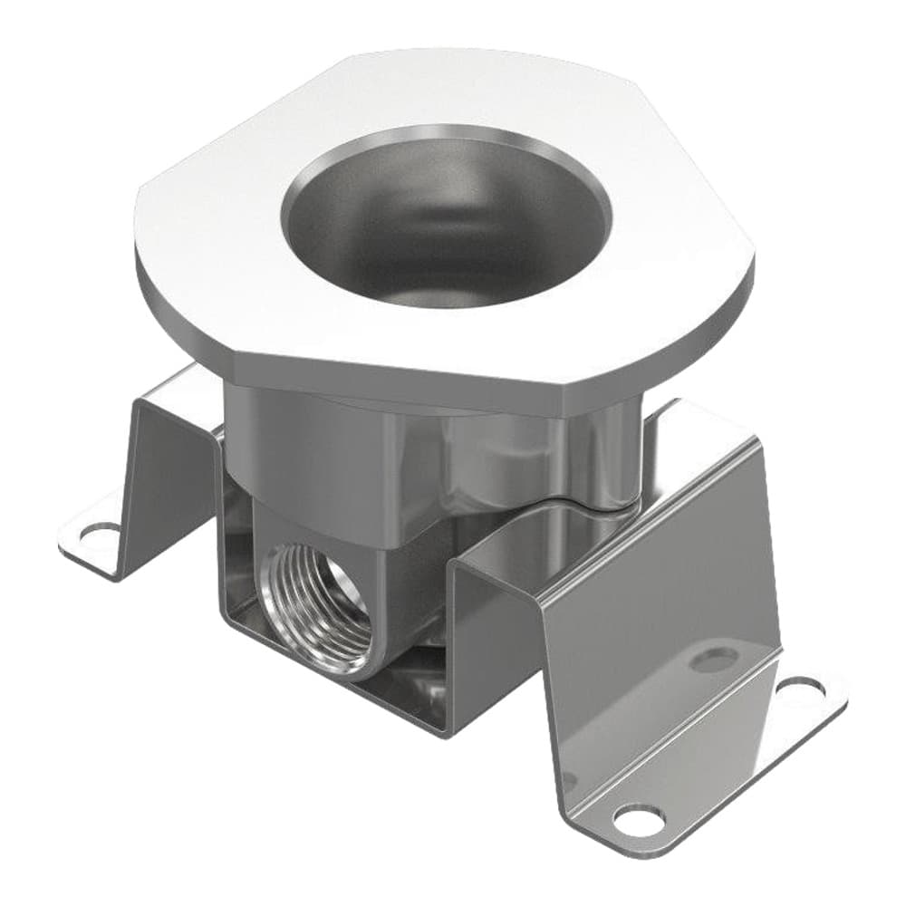 A stainless steel pipe connector with hexagonal top plate, threaded inlet, mounting brackets and detachable side panel on white background.