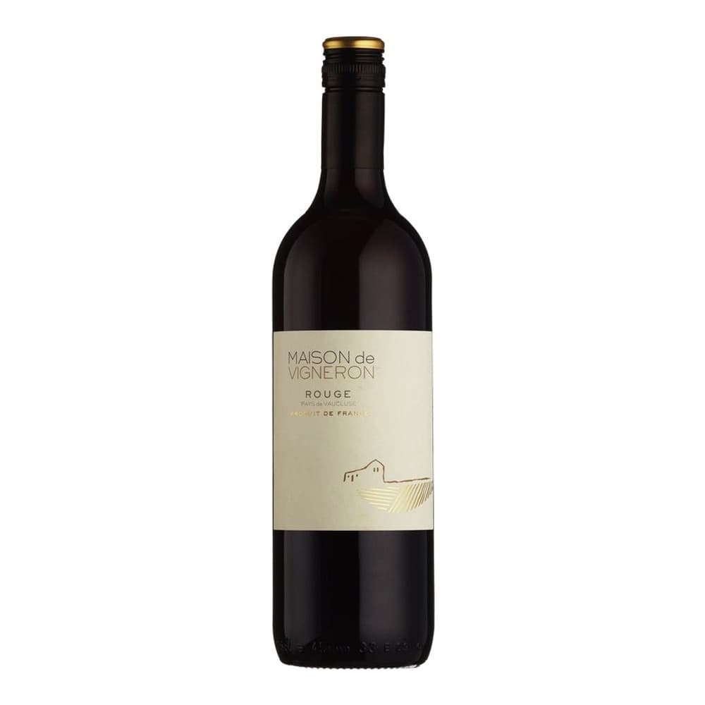 A bottle of Maison de Vigneron Rouge red wine with a cream-coloured label featuring a vineyard illustration, photographed against a white background.