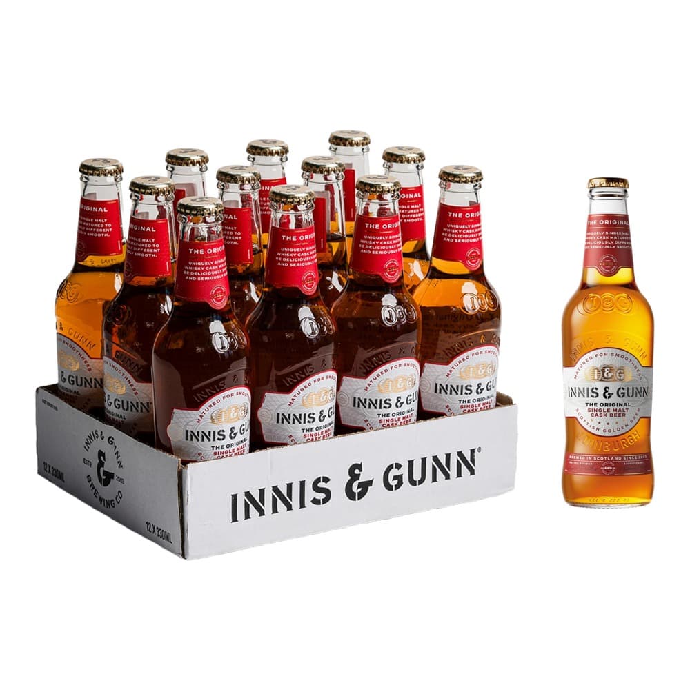 A six-pack cardboard box containing bottles of Innis & Gunn Original Ale with a single bottle displayed separately against a white background