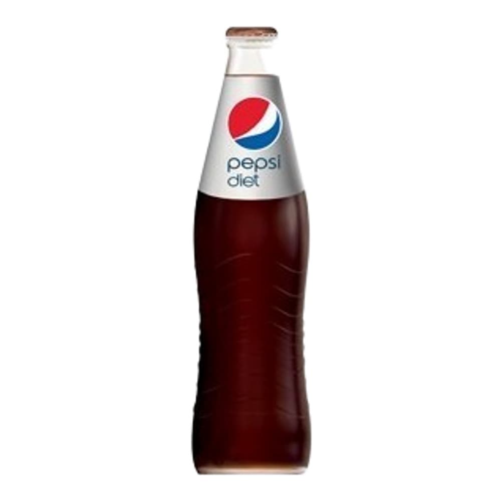 A single Pepsi Diet bottle with a silver and brown label, filled with dark cola liquid, isolated on a plain white background.