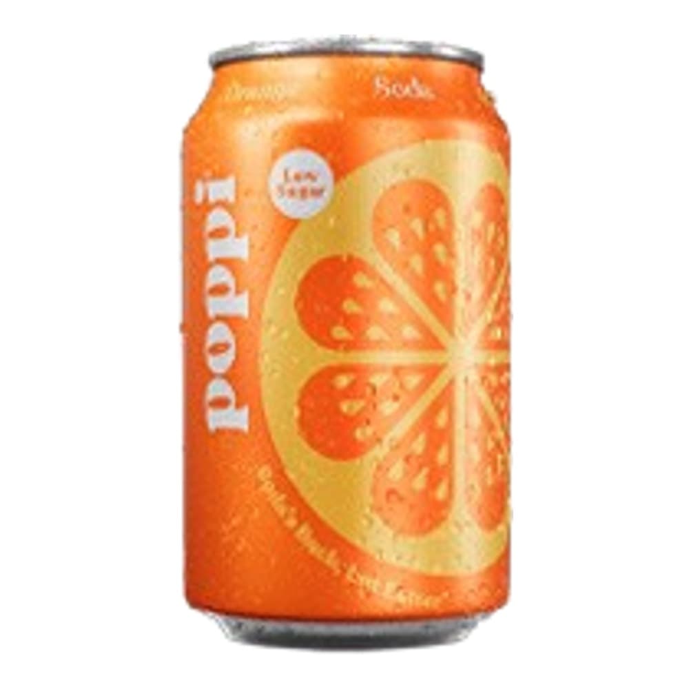 Orange can of Poppi sparkling beverage featuring grapefruit slice imagery on a white background