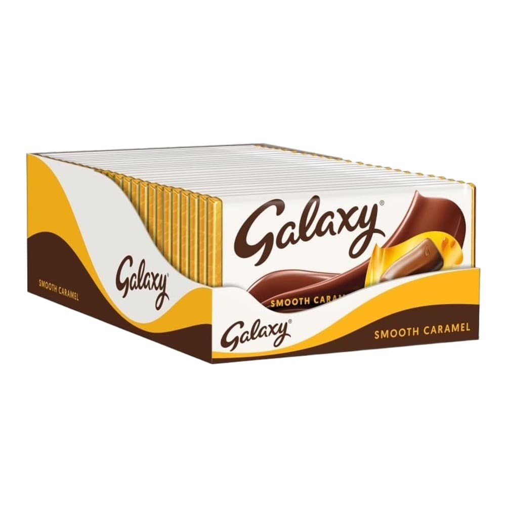 A display box of Galaxy Smooth Caramel chocolate bars featuring the Galaxy brand logo, with yellow and brown branding on a white background.