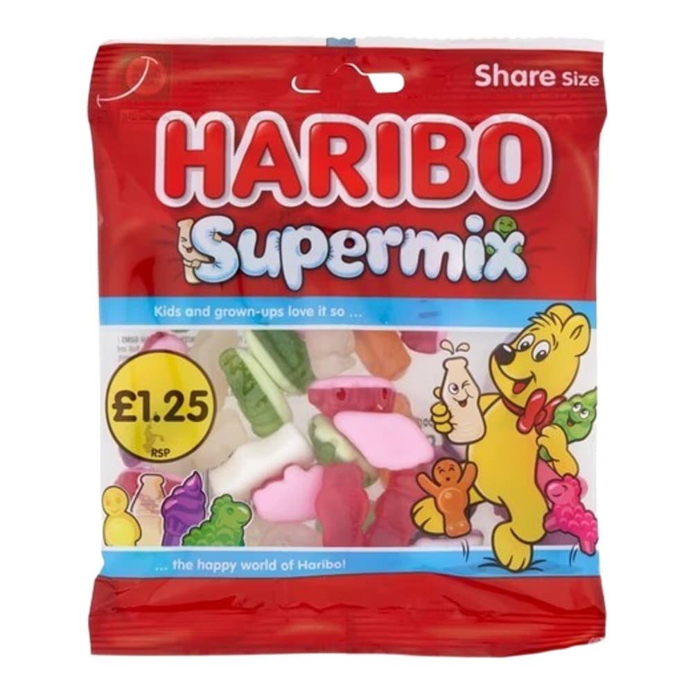 Red Haribo Supermix sweet bag with white branding, price label, and colourful gummy bear illustrations on a plain background