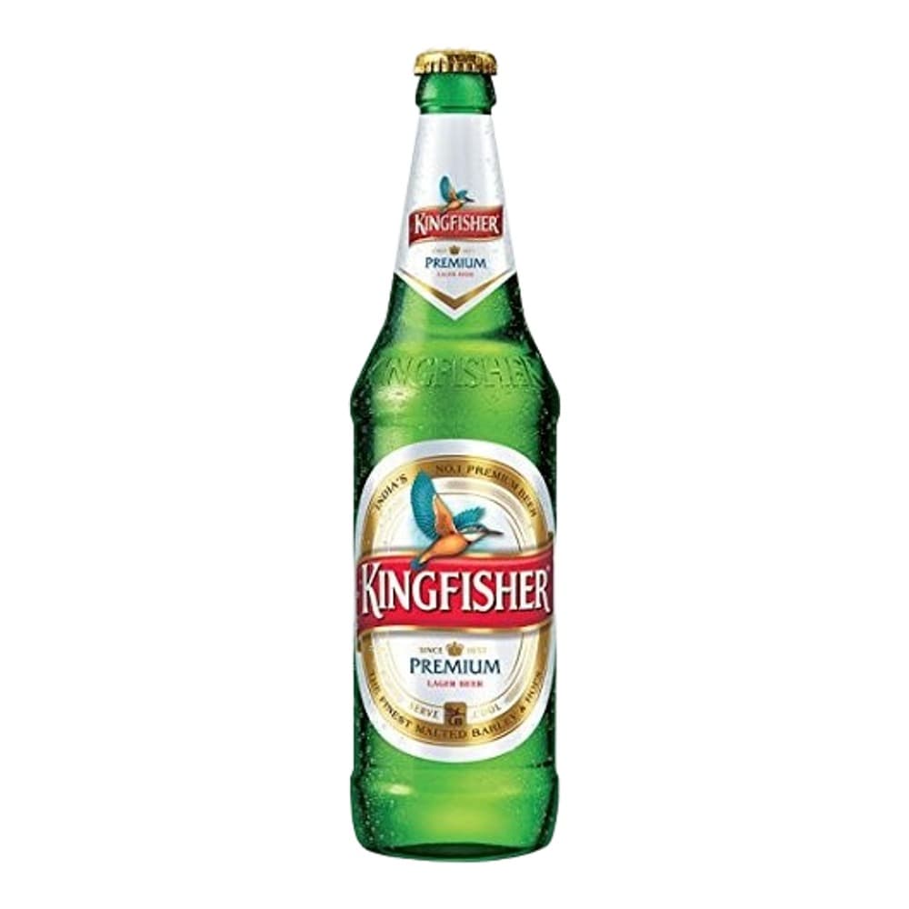 A Kingfisher Premium lager beer bottle with a green glass body, gold foil-wrapped cap, and white label featuring the brand's kingfisher logo, isolated on a white background.