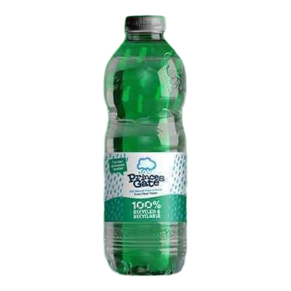 A clear plastic bottle with green liquid and white label on a bright green background with campaign text