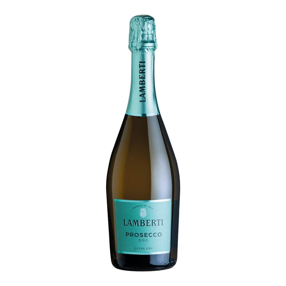 A bottle of Lamberti Prosecco D.O.C. Extra Dry sparkling wine with turquoise foil and label, photographed against a white background.