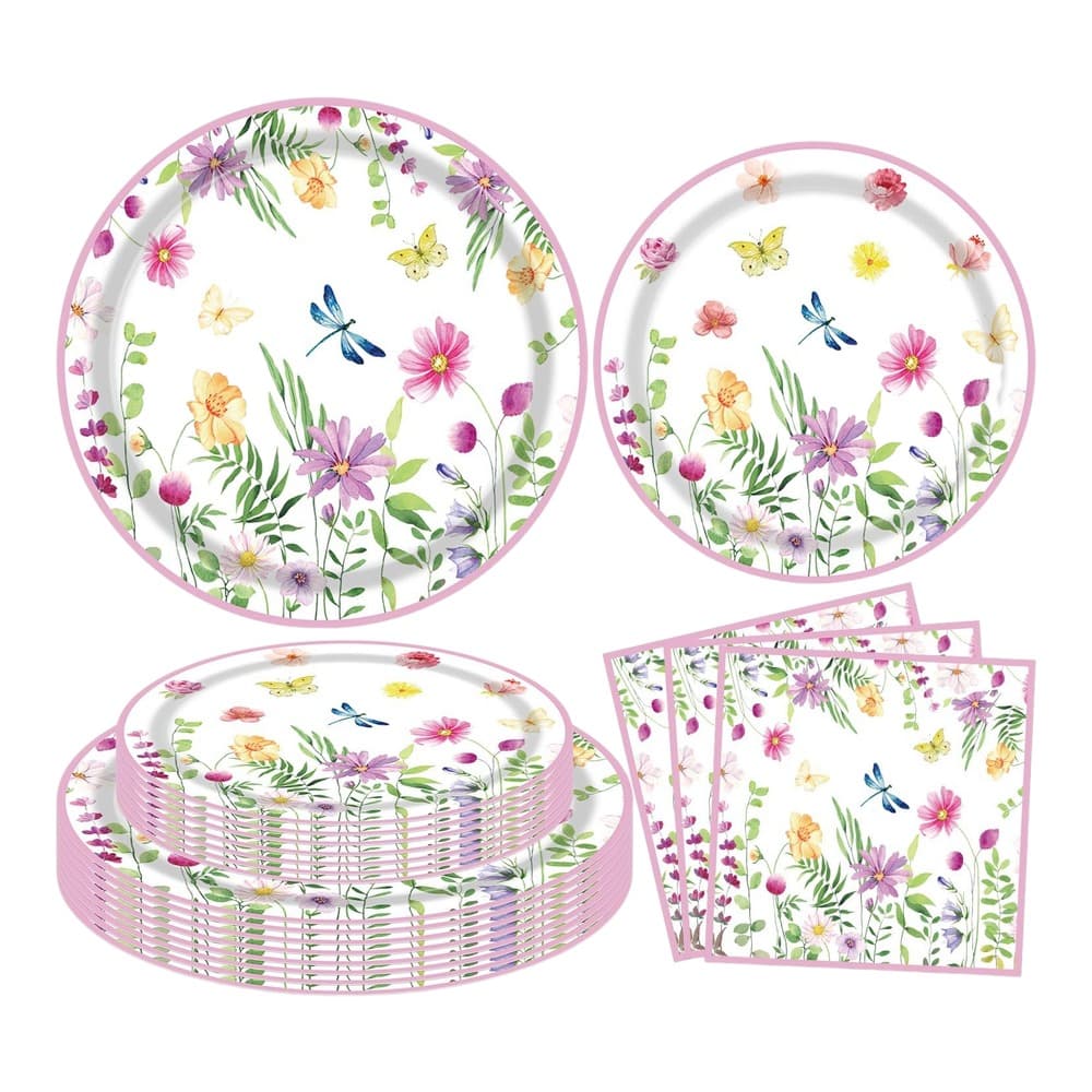 Dinnerware set featuring two dinner plates, appetiser plates, and napkins with watercolour flowers, butterflies, and green foliage on white background with pink borders.