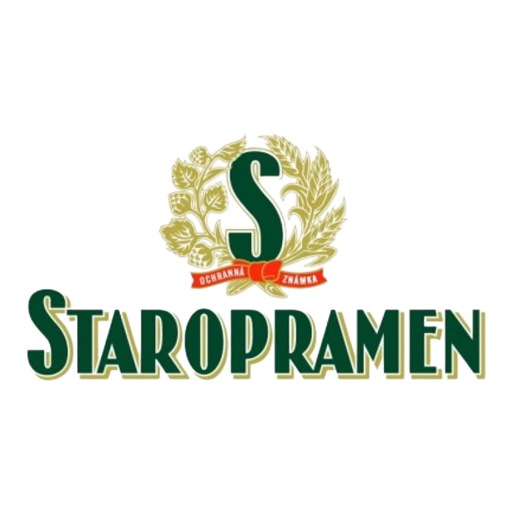 Staropramen brewery logo featuring a green 'S' with golden hop and wheat wreath design and red banner