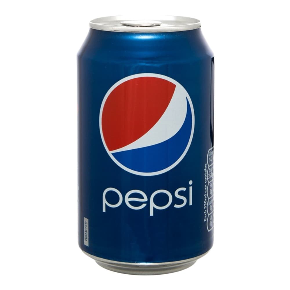 A blue Pepsi aluminium can with the iconic Pepsi logo featuring red, white and blue circular design, isolated on a white background.