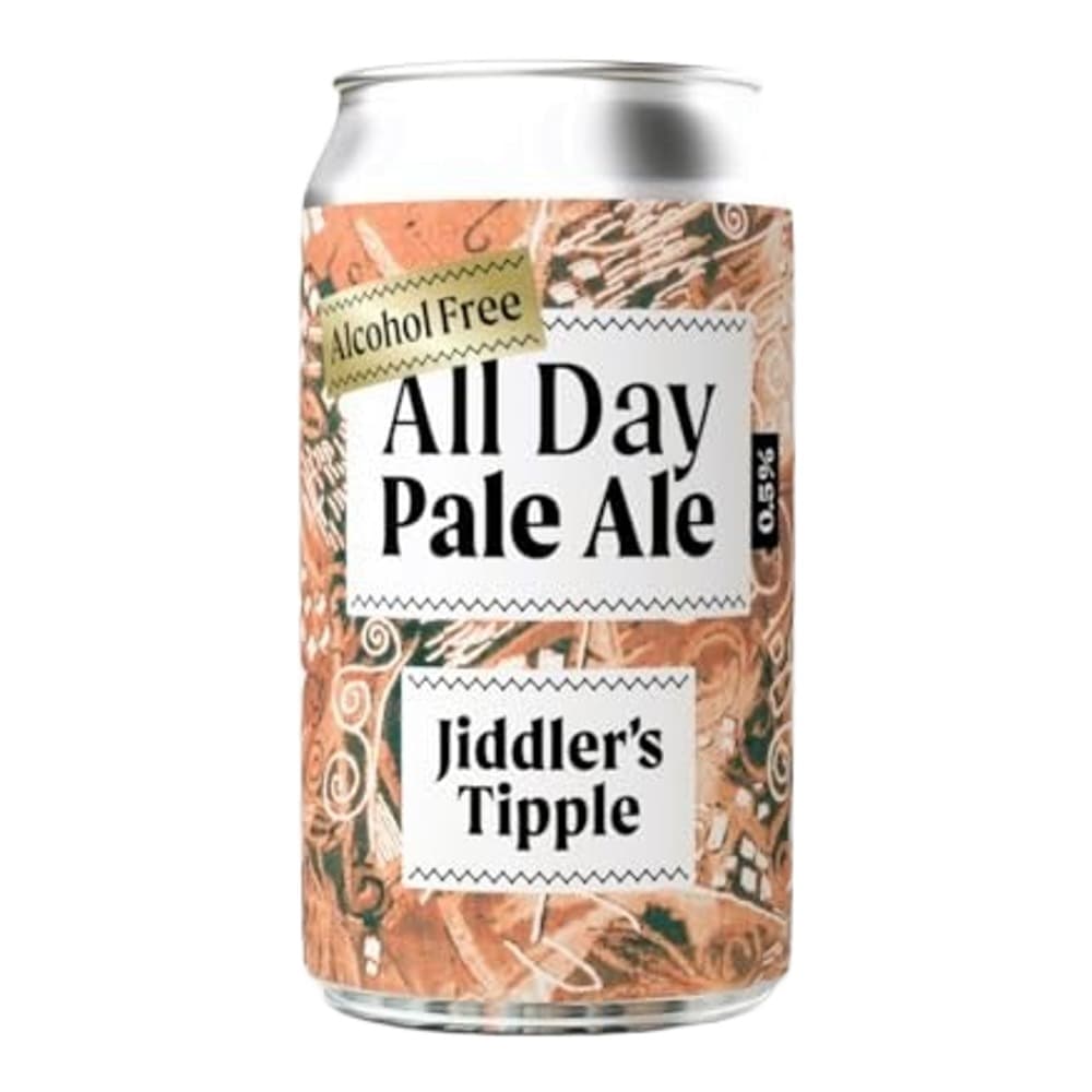 A silver aluminium can of Jiddler's Tipple All Day Pale Ale alcohol-free beer with tan and orange decorative label featuring ornamental patterns, displayed against a white background.