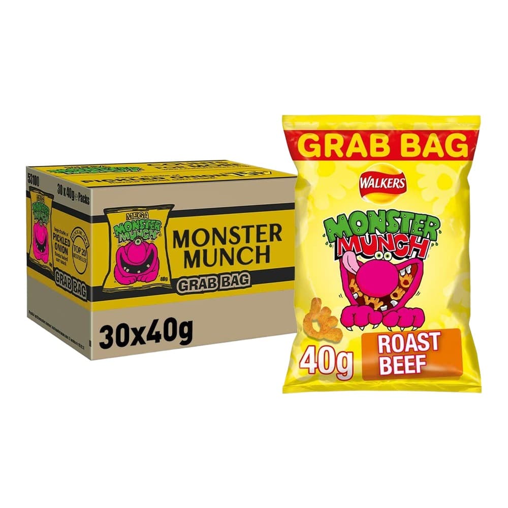 Walkers Monster Munch Roast Beef flavoured snack grab bag 40g shown alongside a cardboard bulk box containing 30 x 40g packs on a white background.