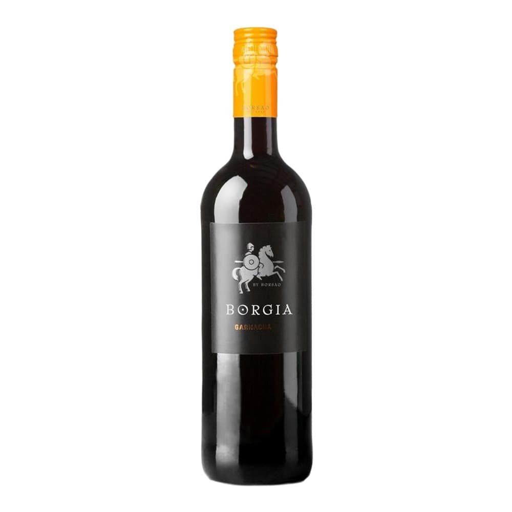 A bottle of Borgia Barbarossa red wine with a golden cap and black label featuring a horse and rider logo, isolated on a white background.