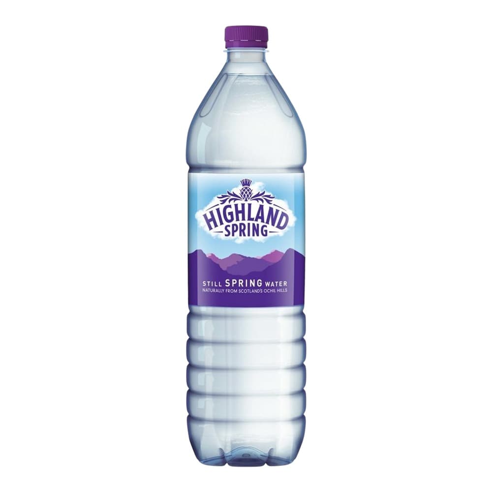 Highland Spring still spring water bottle with purple cap and label on white background