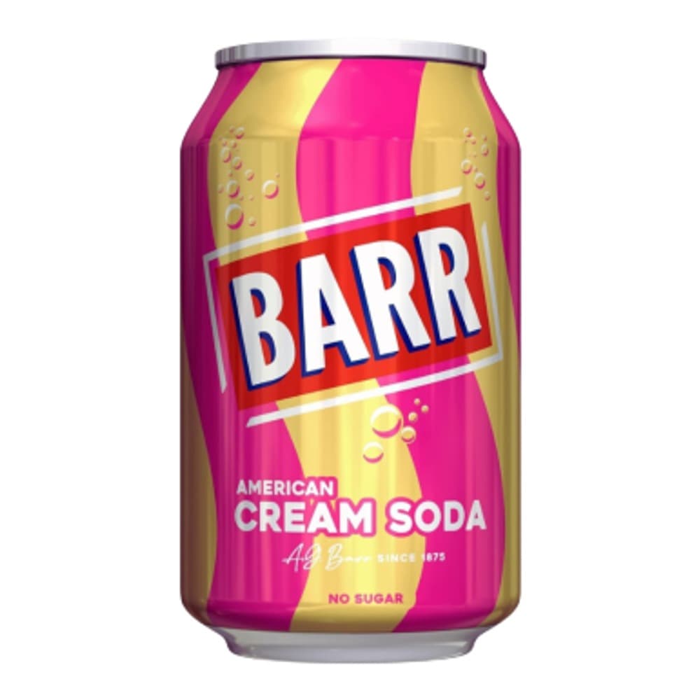 A pink and yellow can of Barr American Cream Soda with no sugar, displayed on a white background