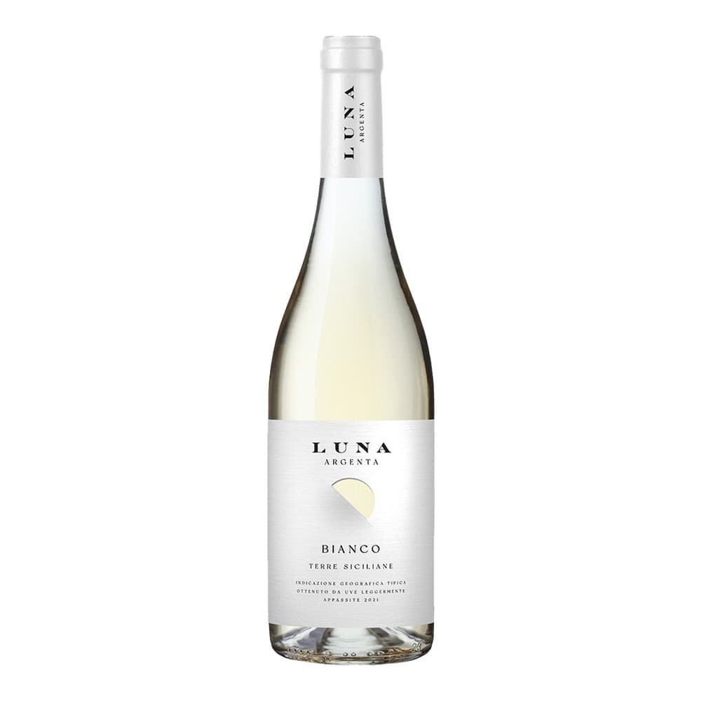A bottle of Luna Argenta Bianco white wine from Sicily, featuring a white label with a crescent moon design, positioned against a plain white background.
