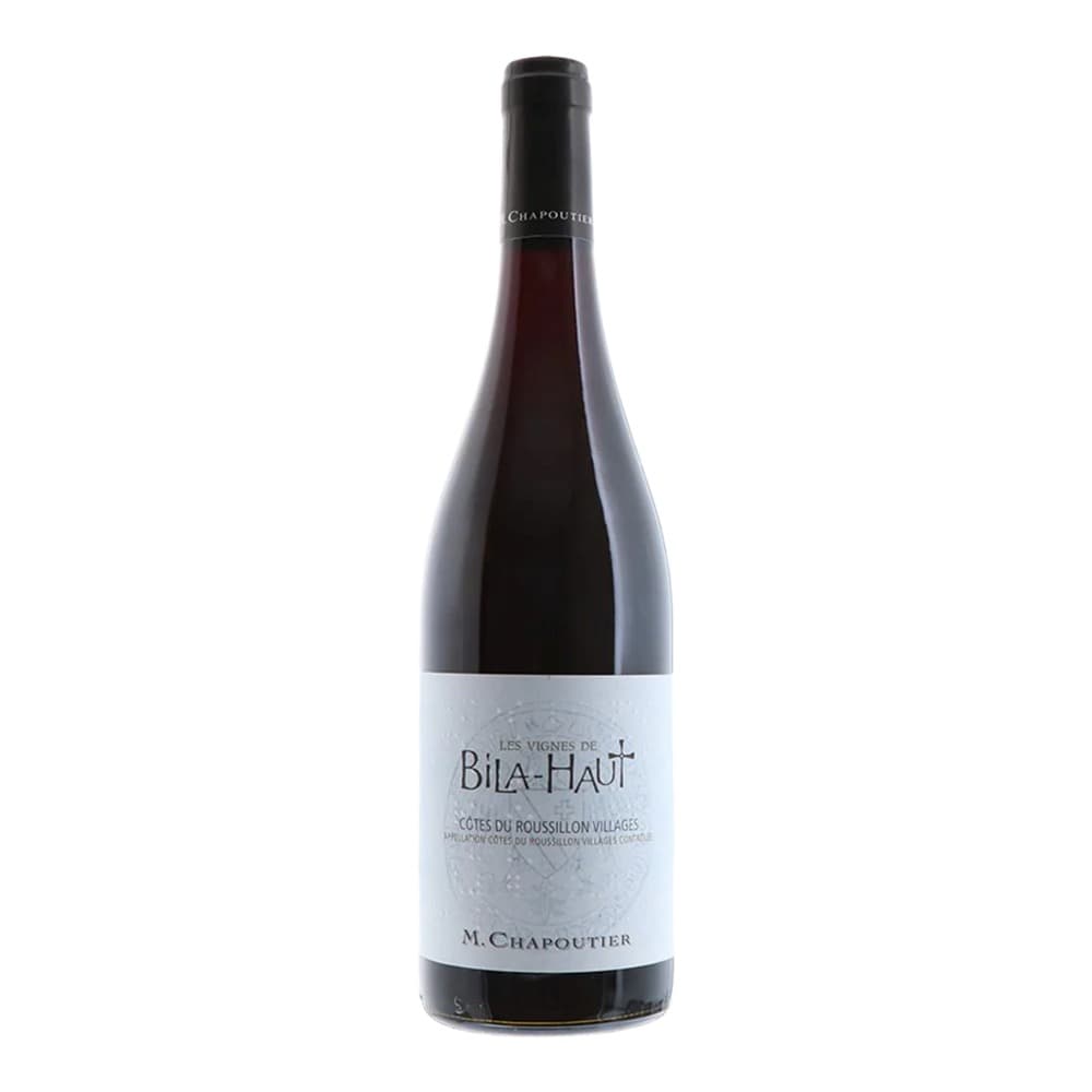 A bottle of M. Chapoutier Les Vignes de Bila-Haut red wine from Côtes du Roussillon Villages, displayed against a white background.