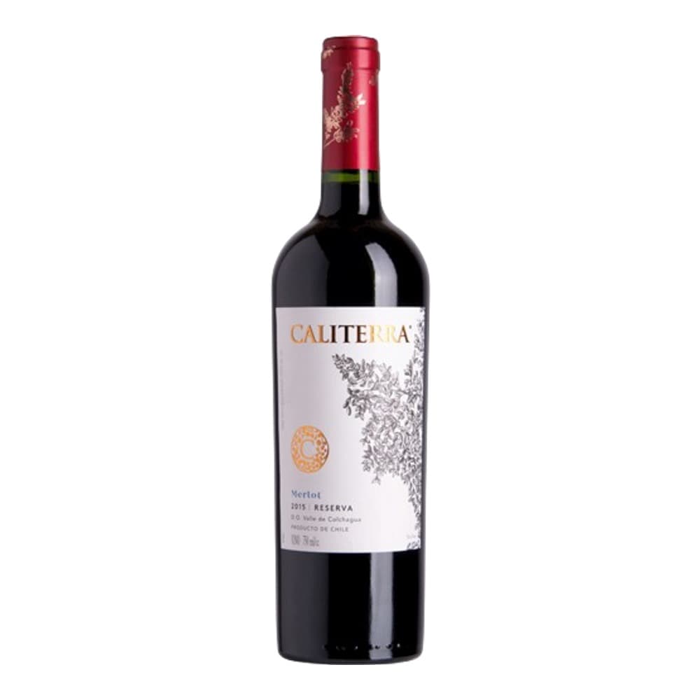 A bottle of Caliterra Gran Reserva red wine against a plain white background, featuring a burgundy label with decorative leaf design.