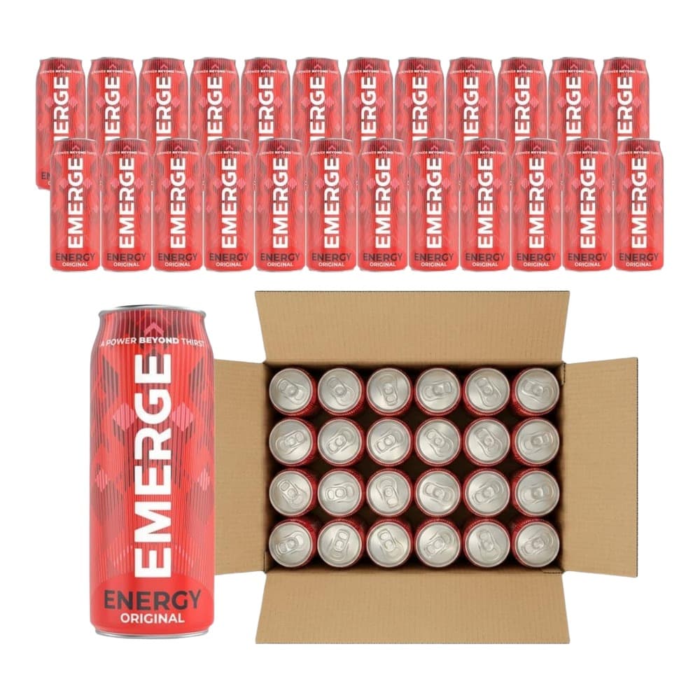 Red Emerge Energy Original cans displayed in rows and an open cardboard box showing 24 cans of Emerge Energy Original drink