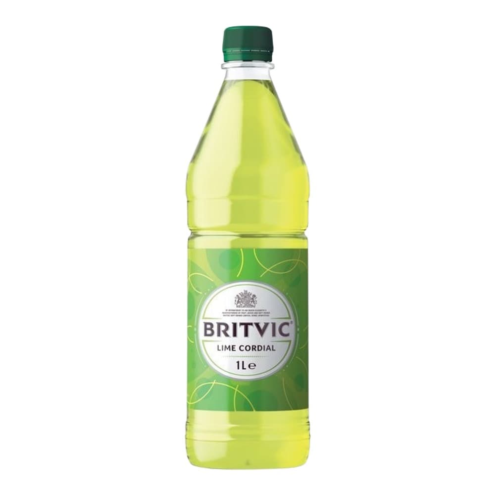 A 1-litre bottle of Britvic Lime Cordial with bright green liquid, green cap, and white label on a white background.
