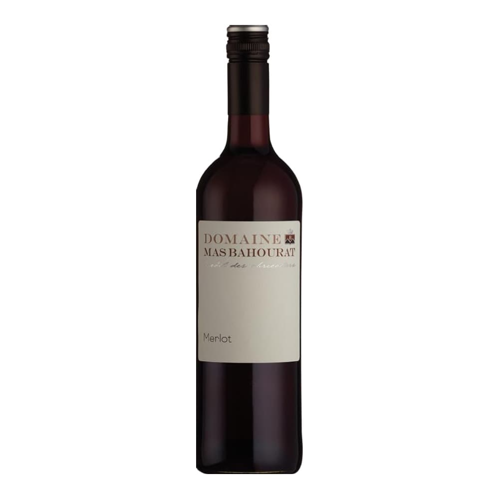 A bottle of Domaine Mas Bahourat Merlot red wine against a plain grey background, showing the cream and gold label with black cap.