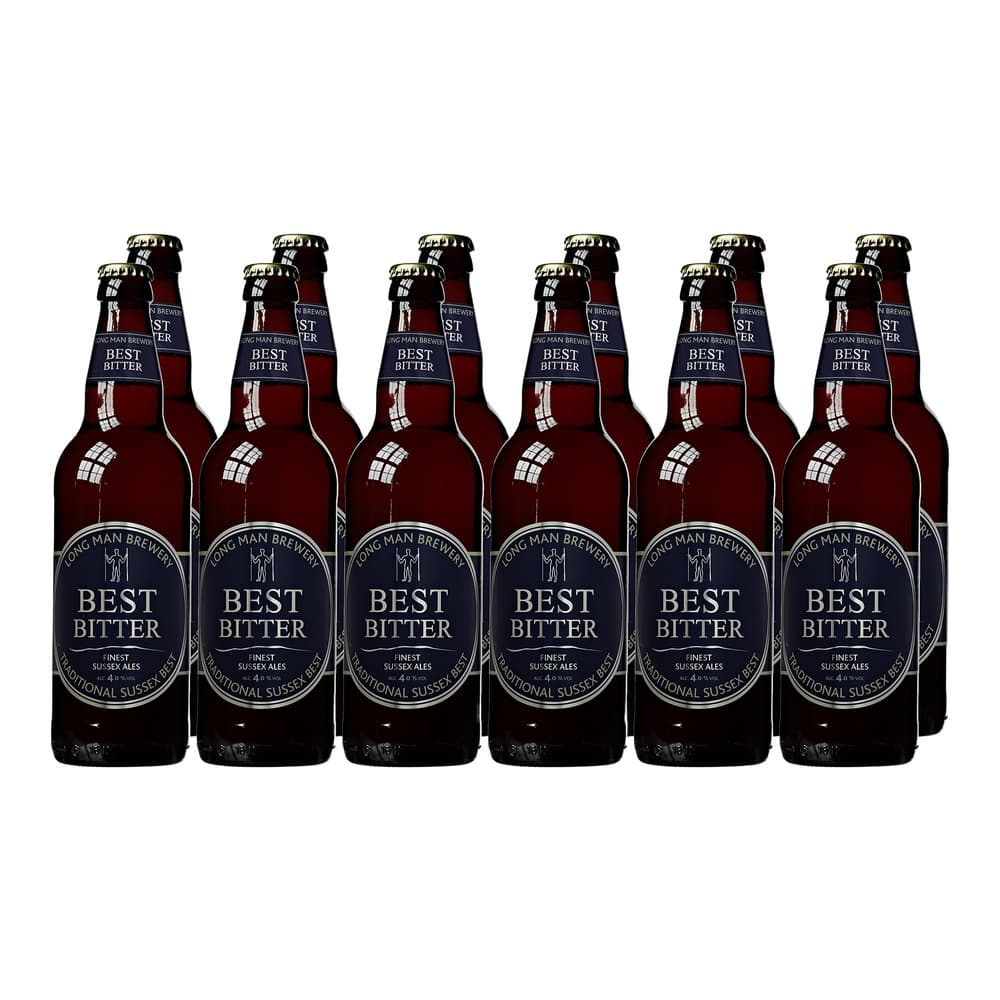 Six bottles of Long Man Brewery Best Bitter ale arranged in a row against a white background