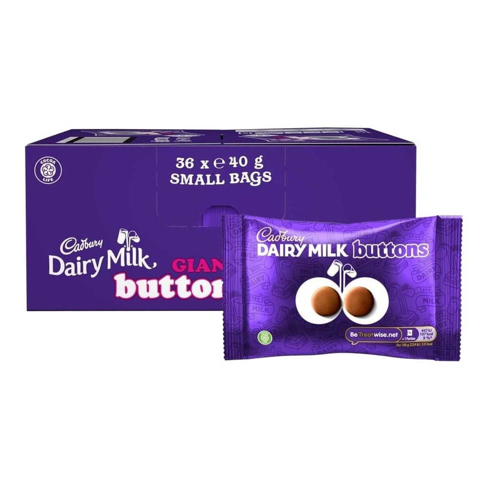 Box of Cadbury Dairy Milk Buttons small bags showing 36 individual packets of 40g each, displayed with one packet in front featuring two chocolate button illustrations.