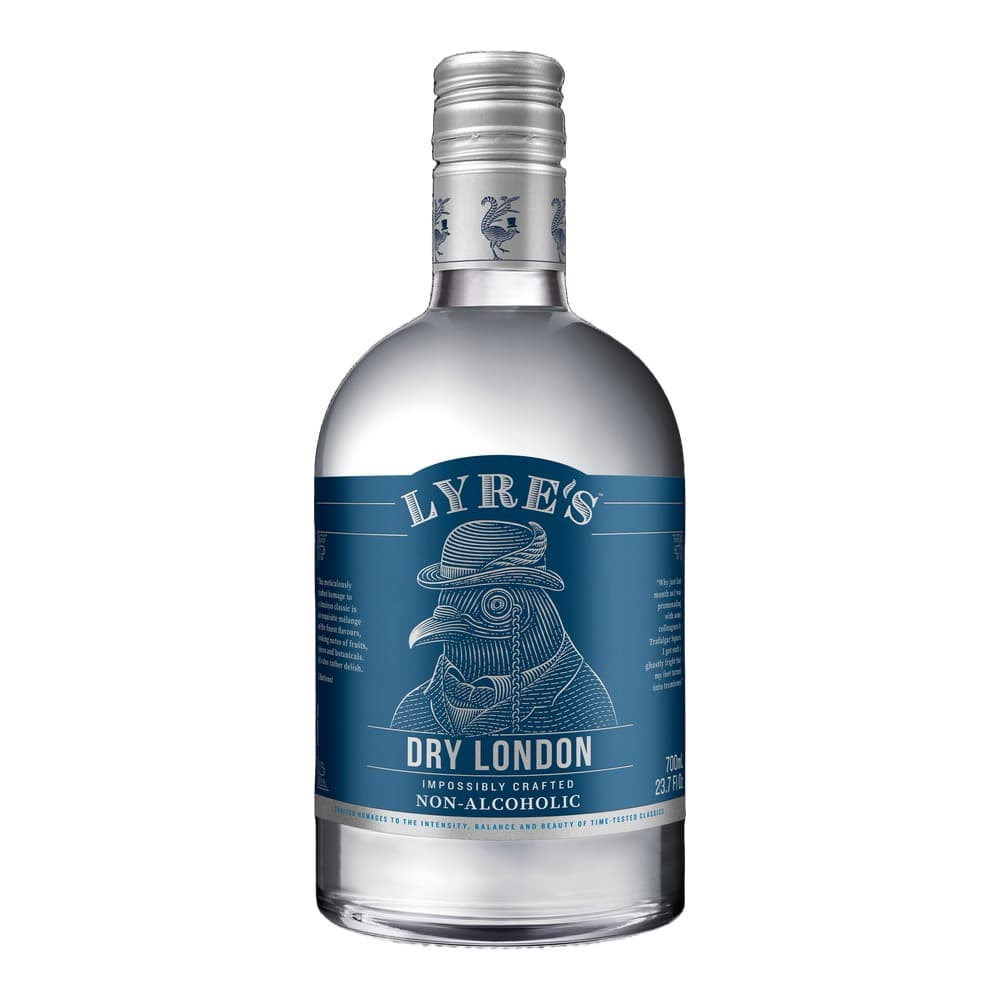 A clear glass bottle of Lyre's Dry London non-alcoholic spirit with a blue label featuring an illustrated plague doctor character, displayed against a white background.