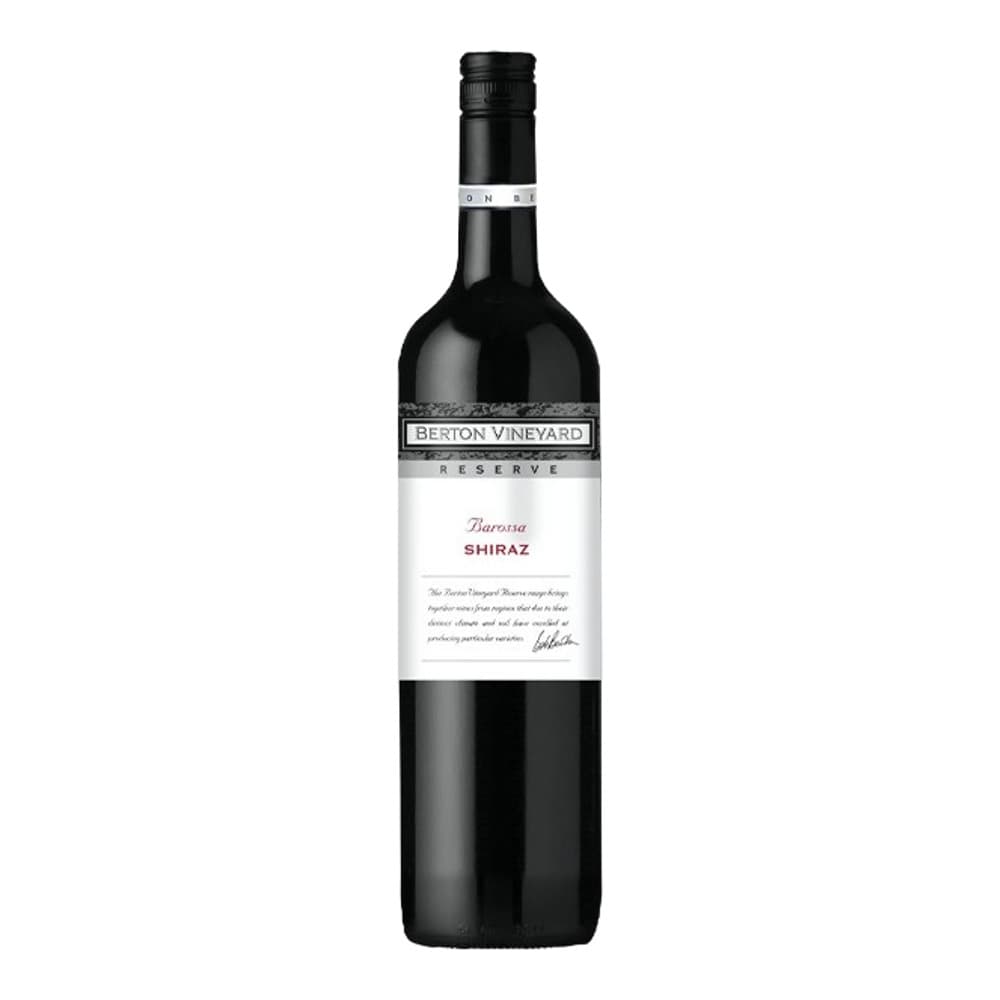 A bottle of Berton Vineyard Shiraz Reserve red wine against a plain white background