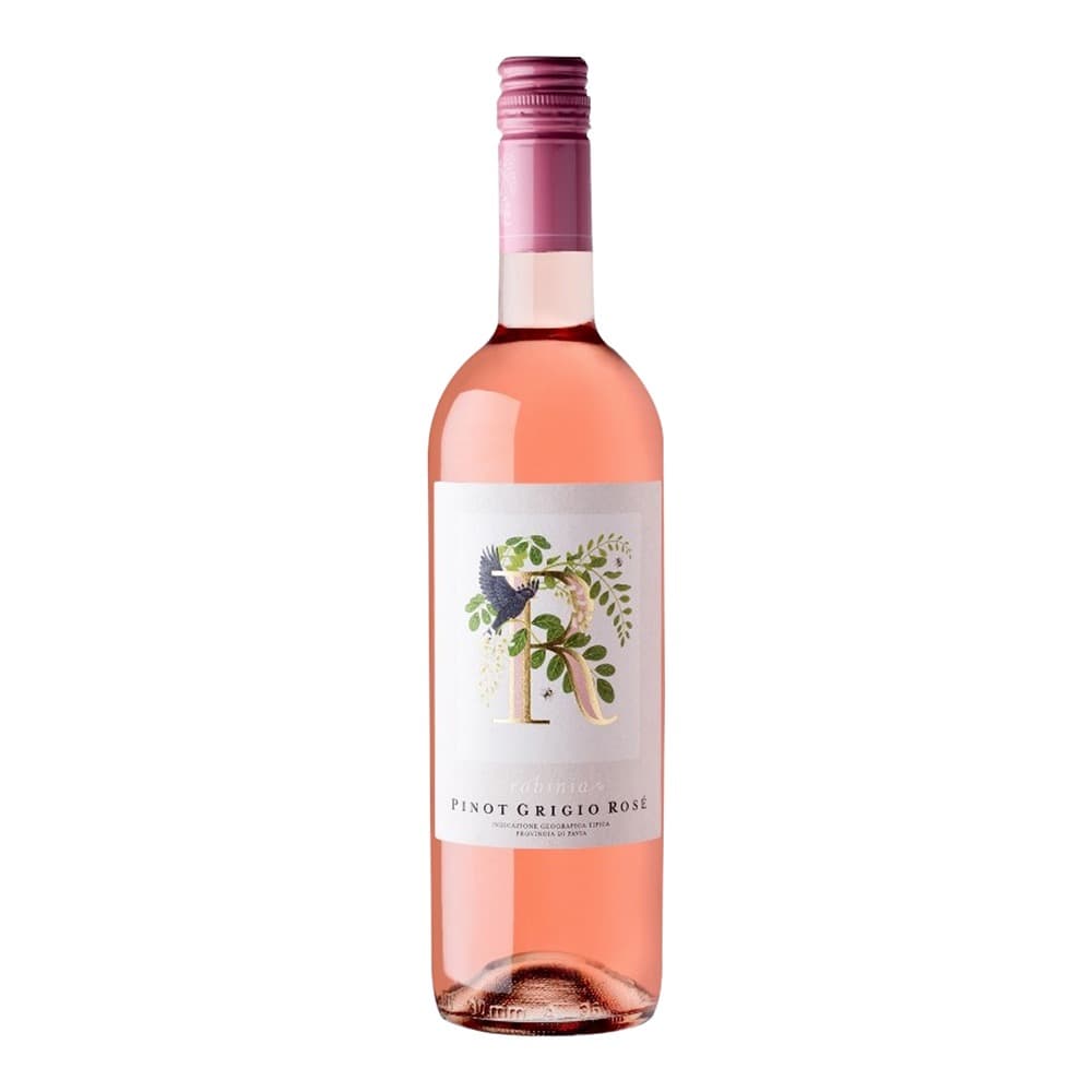 A bottle of Pinot Grigio Rosé wine with a pink cap and decorative label featuring botanical artwork on a white background.