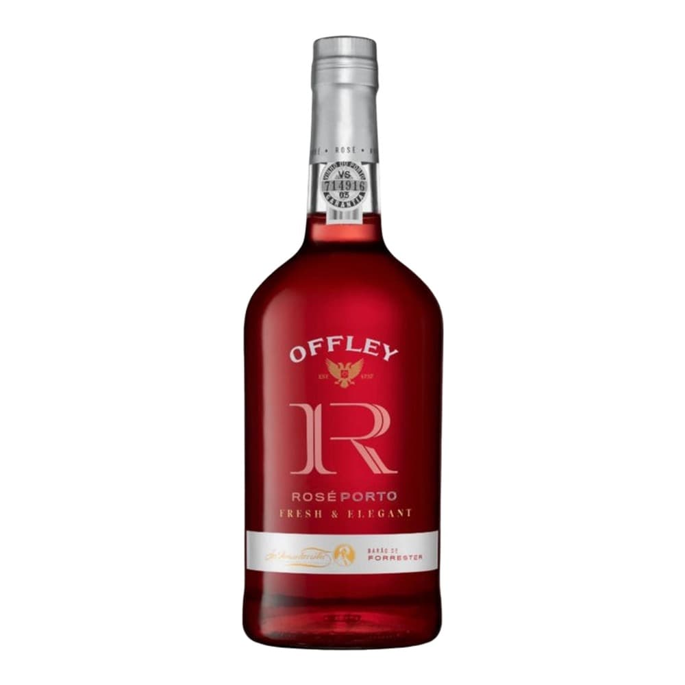 Bottle of Offley Rosé Porto wine with red label and silver foil cap against a white background.