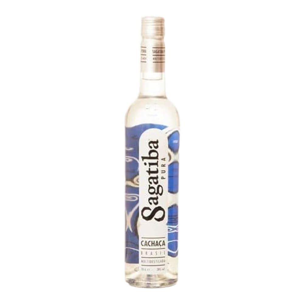 A bottle of Sagatiba Cachaça spirit with a white and blue label, photographed against a white background