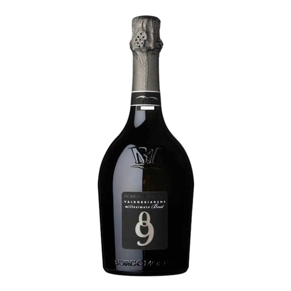 A bottle of Valdobbiadene Millesimato Brut sparkling wine with a silver foil-wrapped top and dark label on a white background.
