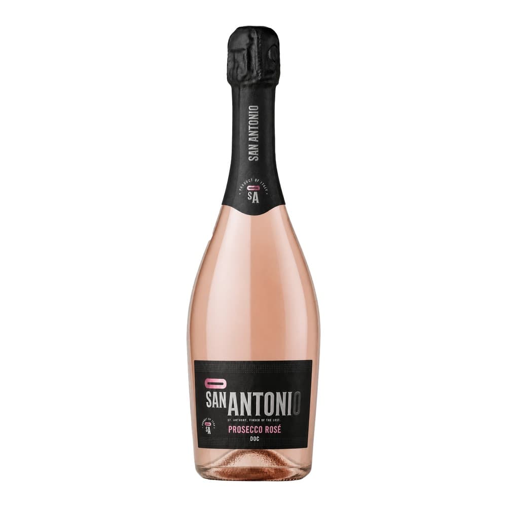 A bottle of San Antonio Prosecco Rosé with pale pink sparkling wine, black foil cap, and black label on white background.
