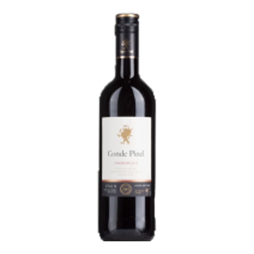 Bottle of Spanish red wine with white label on plain background