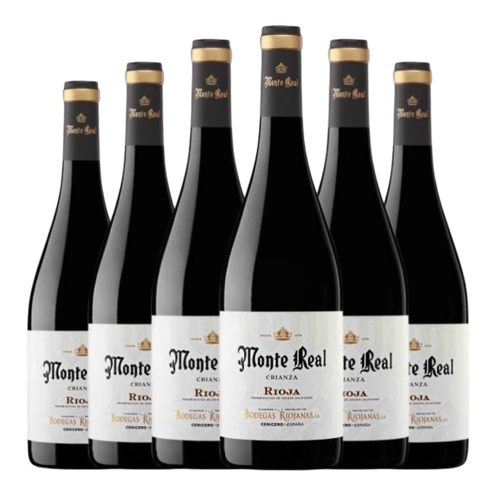 Six bottles of Monte Real Crianza Rioja red wine arranged in a row against a white background, each featuring black labels with gold accents and the Monte Real branding.