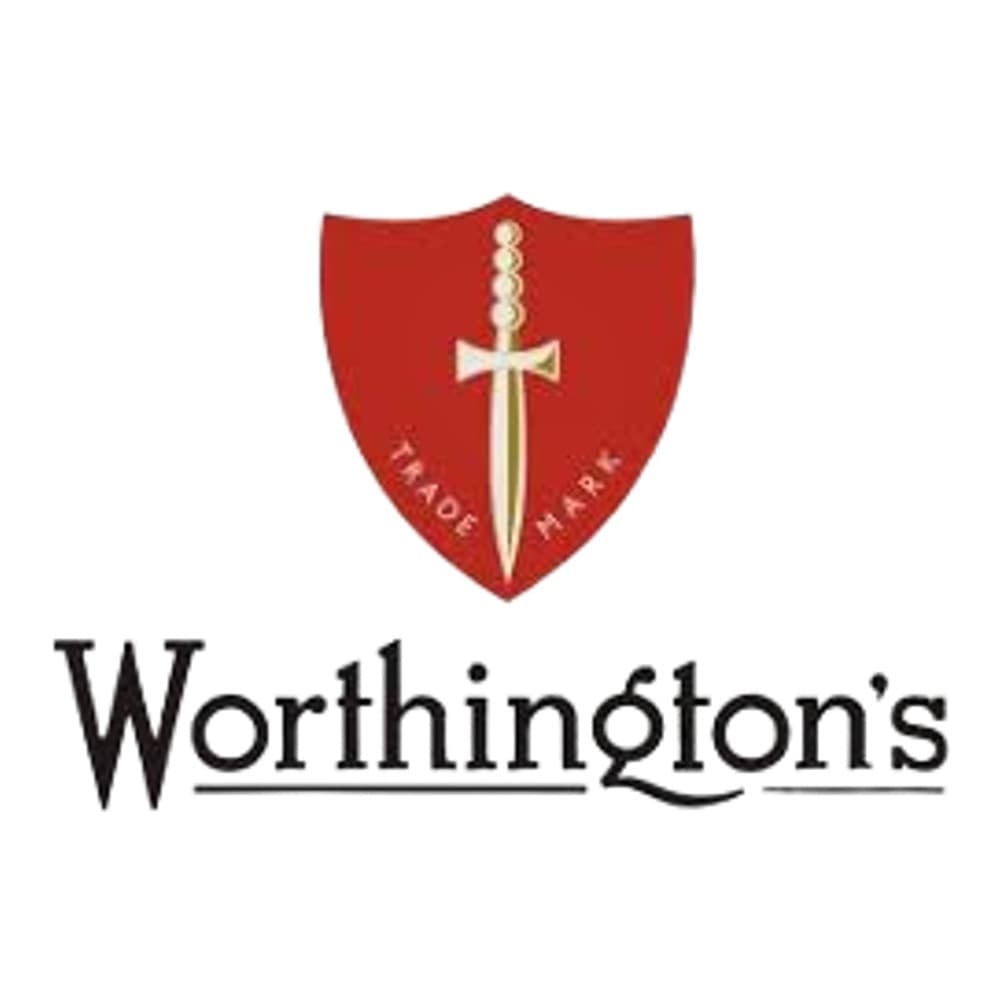 Worthington's brewery logo featuring a red shield with a white sword and the brand name in black text below.