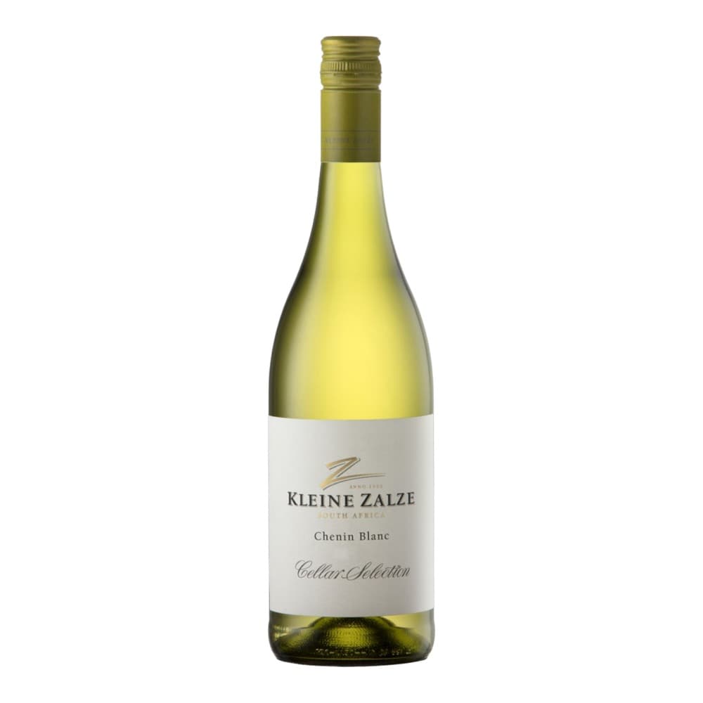 A bottle of Kleine Zalze Chenin Blanc white wine from South Africa, displayed against a white background with a pale yellow liquid visible through the glass and a gold foil-wrapped cap.