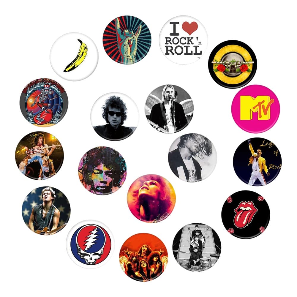 A collection of circular music-themed badges and pins featuring iconic rock and roll imagery, logos, and legendary musicians.