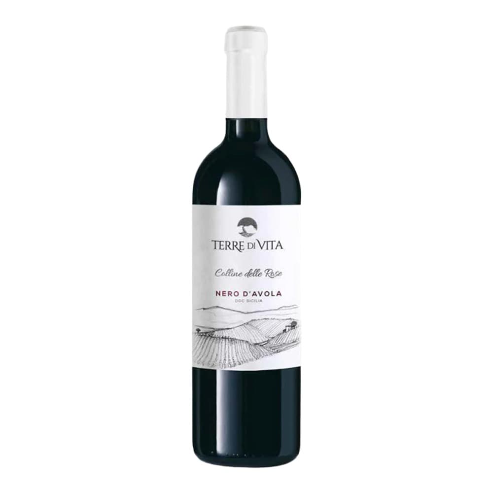 A bottle of Terre di Vita Nero d'Avola red wine on a white background, featuring a white label with a landscape illustration.