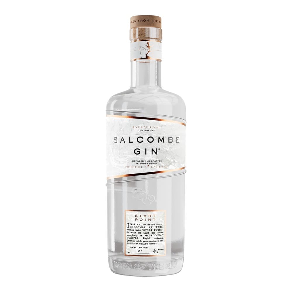 A clear glass bottle of Salcombe Gin with a cork and wooden top, displayed against a white background. The label features the brand name, 'Exceptional London Dry' designation, and product information.