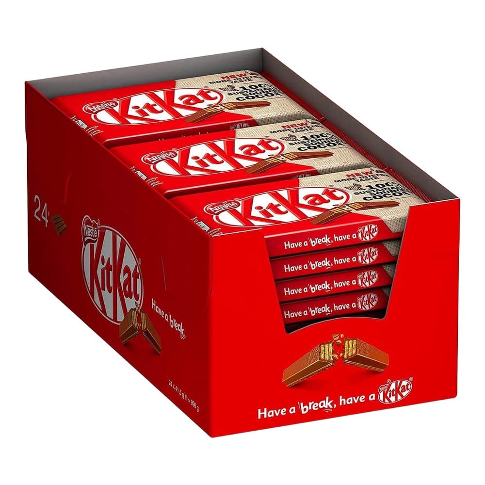A red cardboard display box containing 24 individual KitKat chocolate bars with the tagline 'Have a break, have a KitKat'