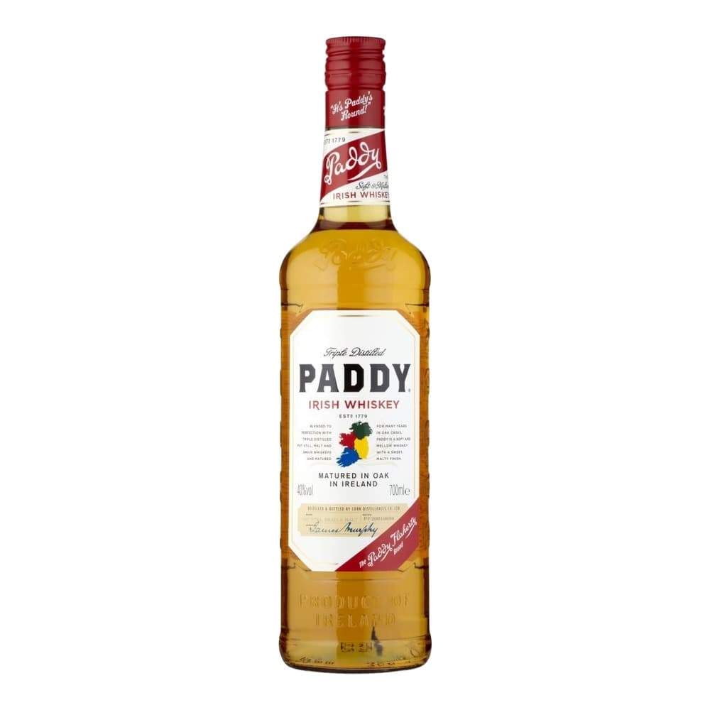 A bottle of Paddy Irish Whiskey with a red cap and gold liquid, displayed against a white background.