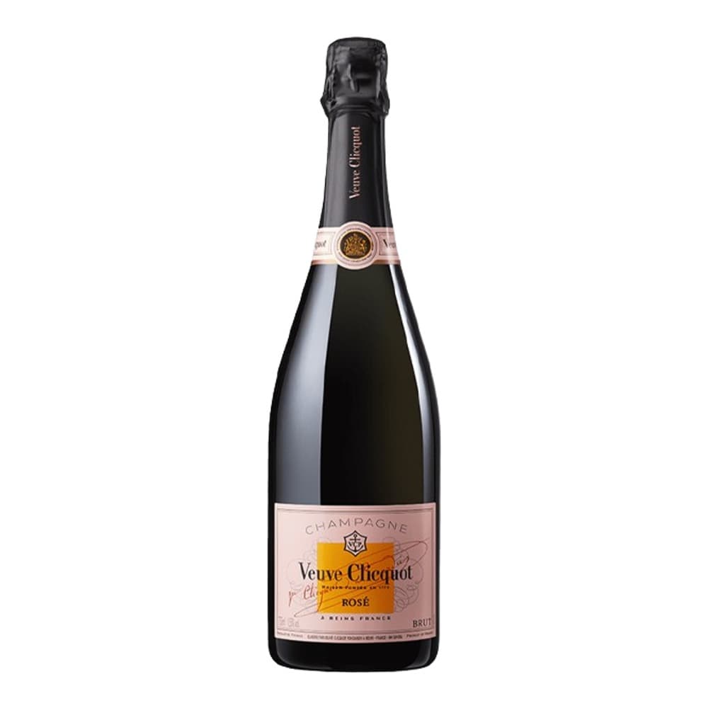 A bottle of Veuve Clicquot Rosé Champagne with pink label on a white background