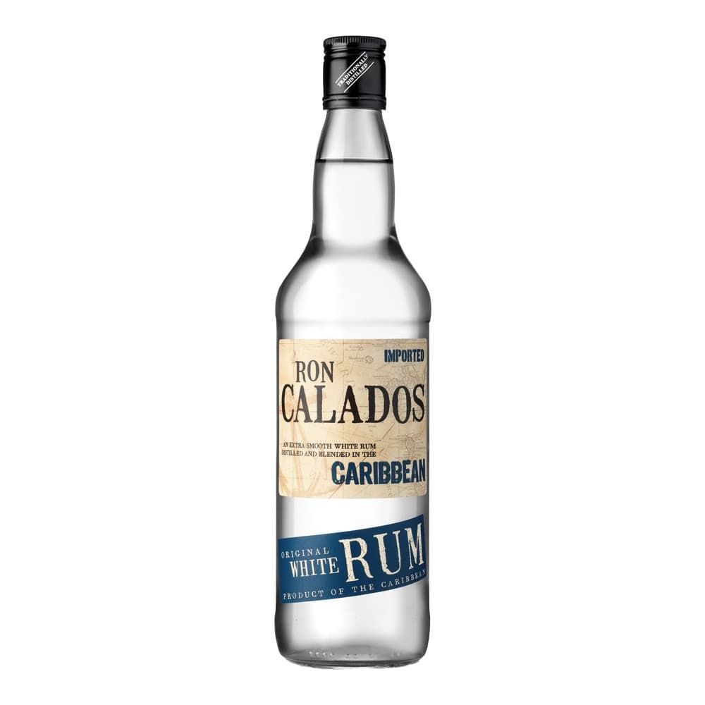 A clear glass bottle of Ron Calados imported white rum from the Caribbean, featuring a black screw cap and cream-coloured label with blue text, isolated against a white background.