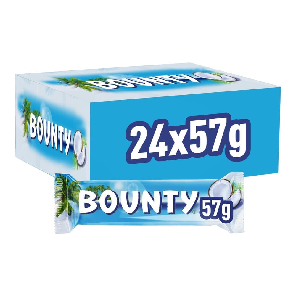 A blue cardboard box of Bounty chocolate bars showing 24 individual 57g bars with coconut and chocolate imagery on white background