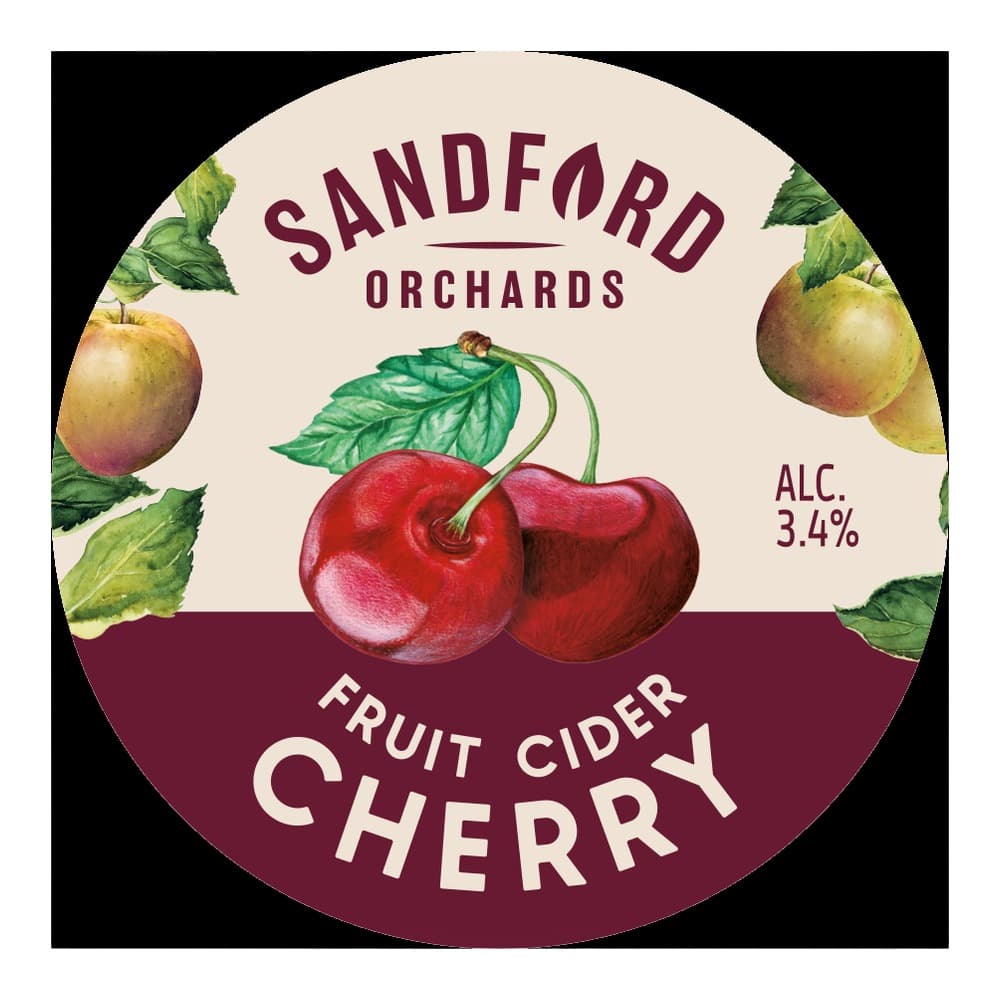 Circular product label for Sandford Orchards Cherry Fruit Cider featuring cherries and apples on a cream and burgundy background with alcohol content of 3.4%