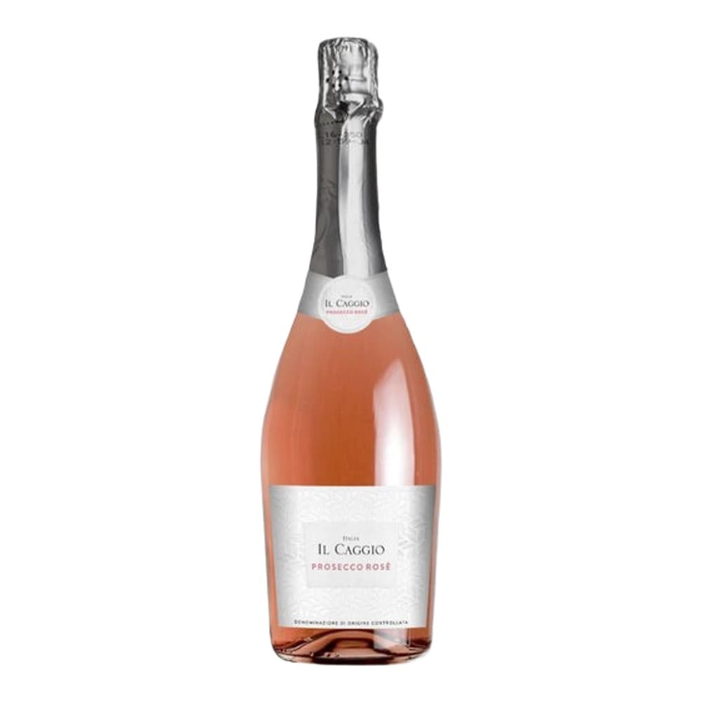 A bottle of Il Caggio Prosecco Rosé sparkling wine with pink liquid and foil-wrapped top on a white background.