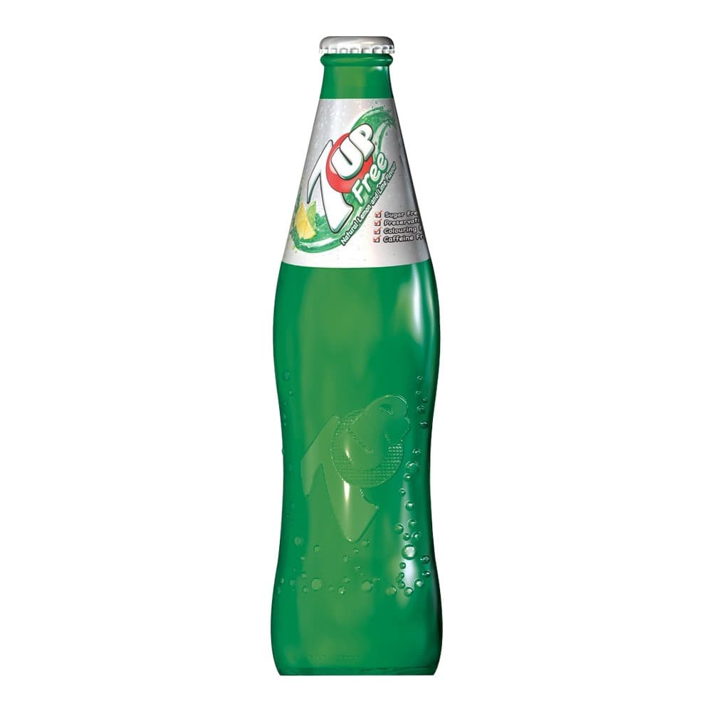 A green glass bottle of Uproar lemonade with white and red label on a white background, containing lime-coloured fizzy beverage with visible carbonation bubbles.